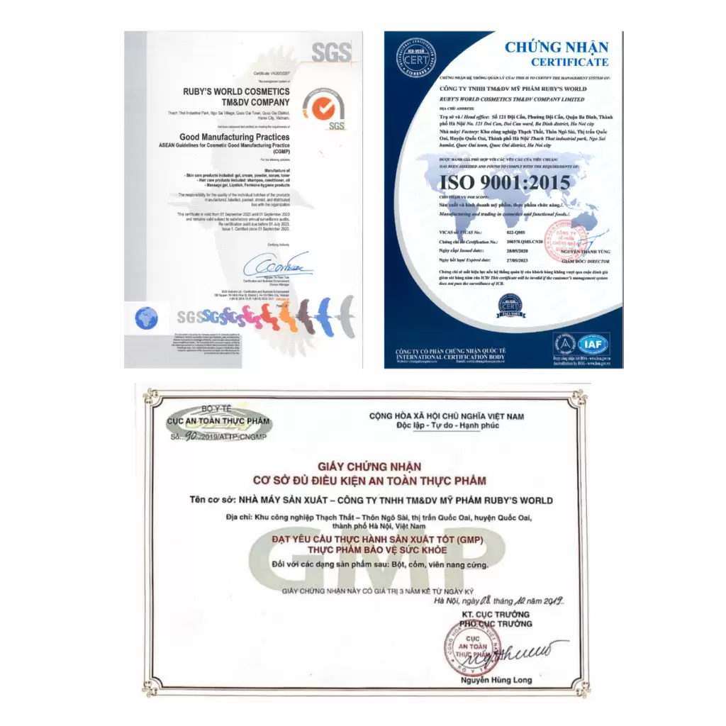 Các chứng nhận quốc tế ISO về hệ thống quản lý và chứng nhận C-GMP cho nhà máy sản xuất mỹ phẩm an toàn đạt chuẩn